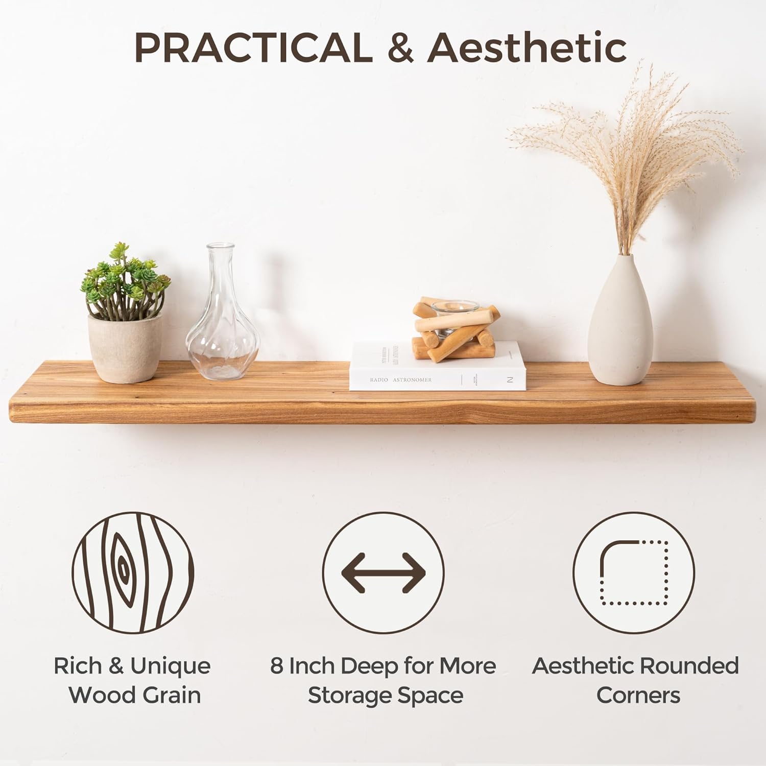 24" Rustic Elm Wood Floating Shelves, 8 Inch Deep Wall Shelves for Home Decor, Wall Mounted Floating Shelf with Invisible Bracket, Heavy-Duty Storage & Display Shelf for Living Room, Kitchen, Set of 2