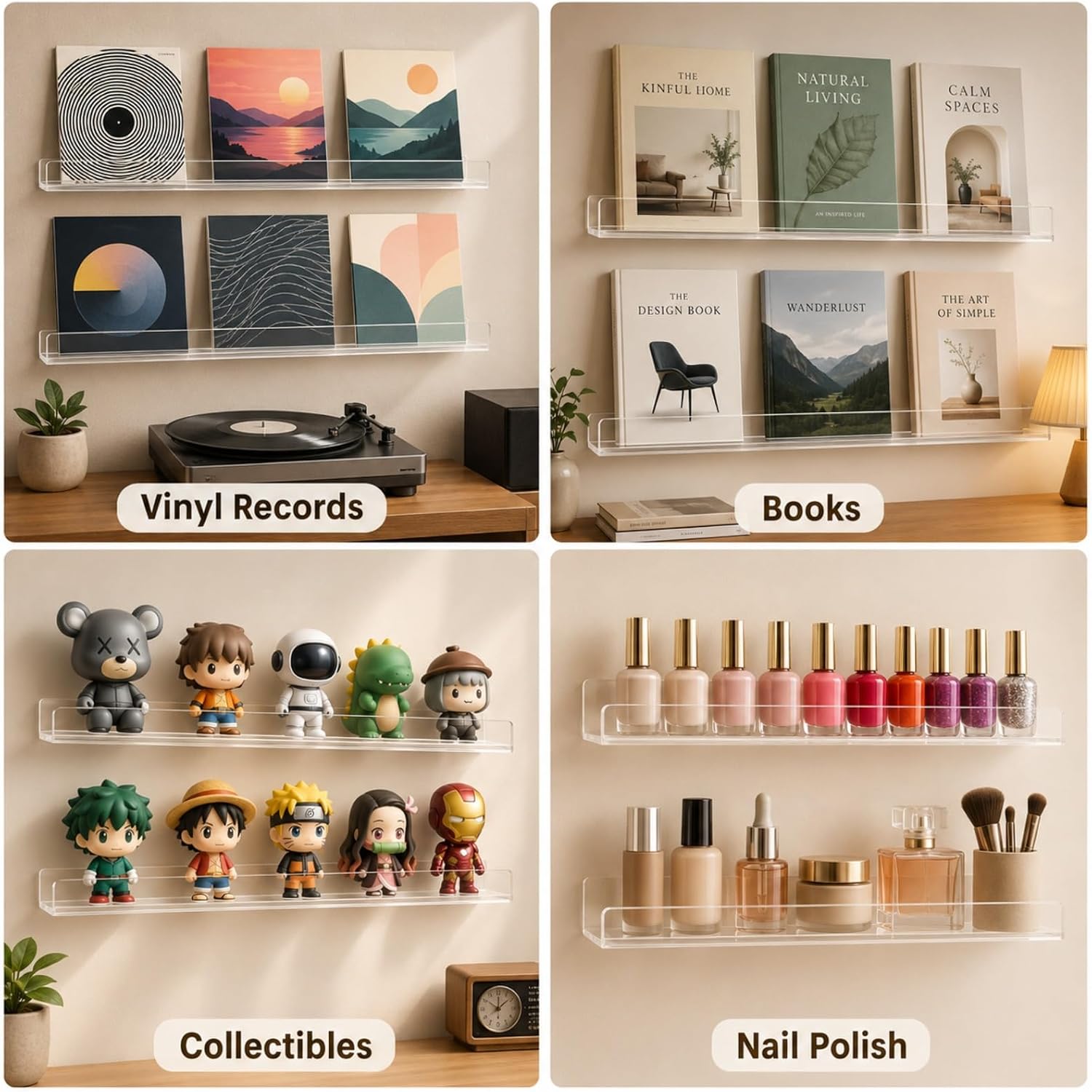 4-Pack Hanging Records, 12-Inch Record Holder Display, Clear Acrylic Floating Shelf, Suitable for Bedroom, Living Room, Magazine Rack