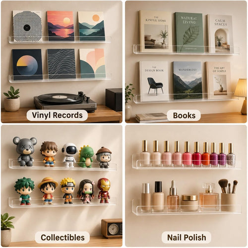 4-Pack Hanging Records, 12-Inch Record Holder Display, Clear Acrylic Floating Shelf, Suitable for Bedroom, Living Room, Magazine Rack