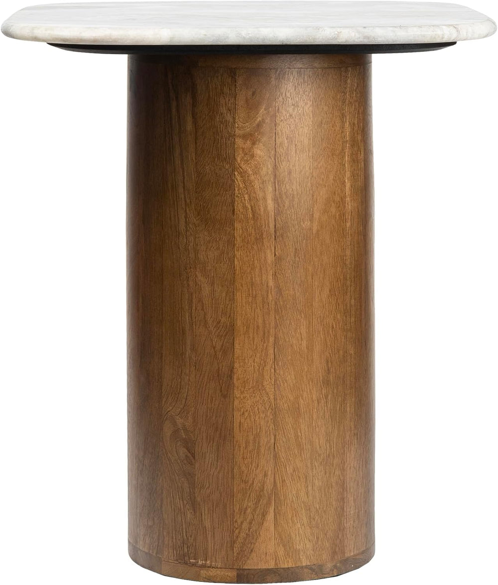 JONATHAN Y Milos Natural White Marble Square Top End Table with Honey Wood Cy...