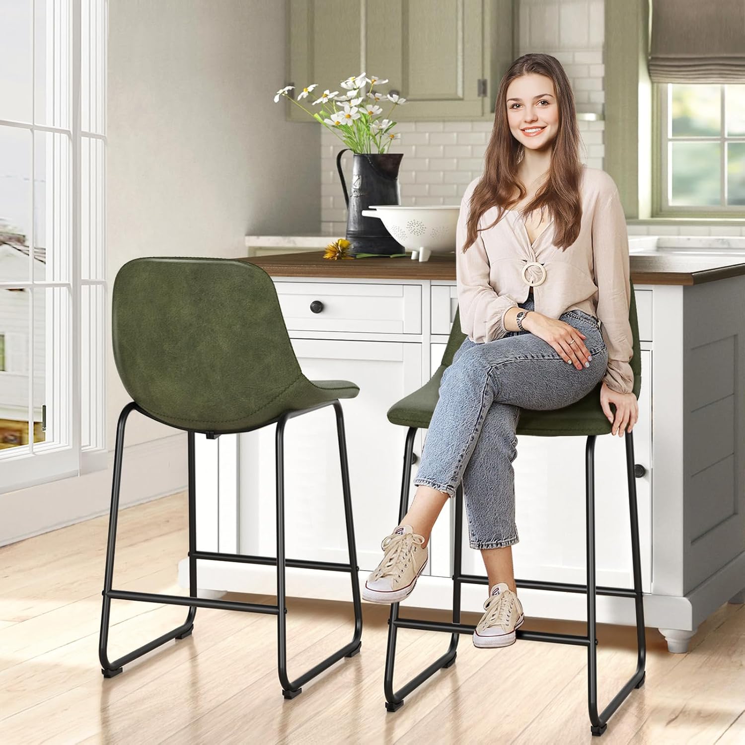 TAVR Counter Height Stools Set of 3, 24 inch Barstools Hold up to 500 lbs | Armless Faux Leather Bar Stools with Sturdy Alloy Steel Legs & Soft Backrest for Kitchen Island, Coffee Shop, Green