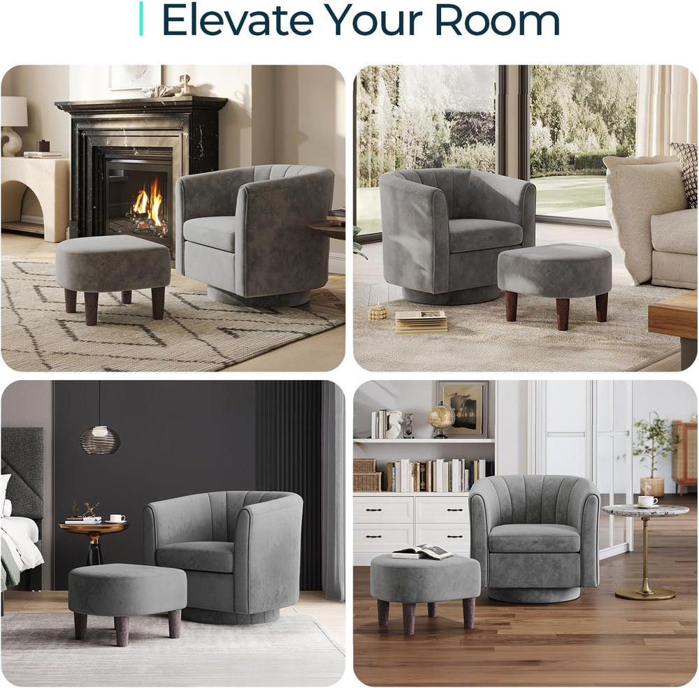 LINSY Swivel Accent Chair with Ottoman: Small Velvet Barrel Chair 360 Swivel ...