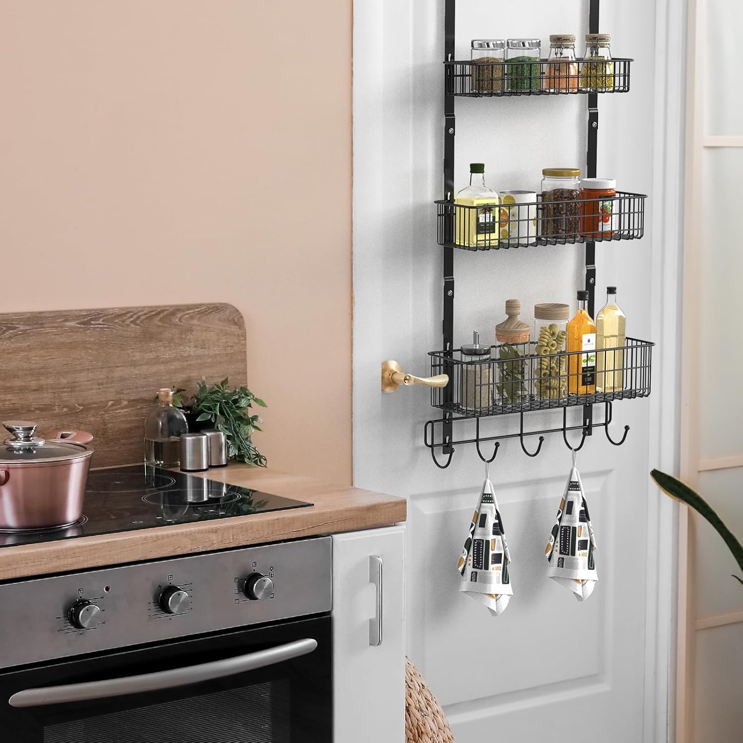 YBING Over The Door Organizer with Hooks 3 Tier Back Towel Hanger Baskets Metal Behind Hanging Storage Shelf Pantry Racks for Bedroom Bathroom Black, R01-R984