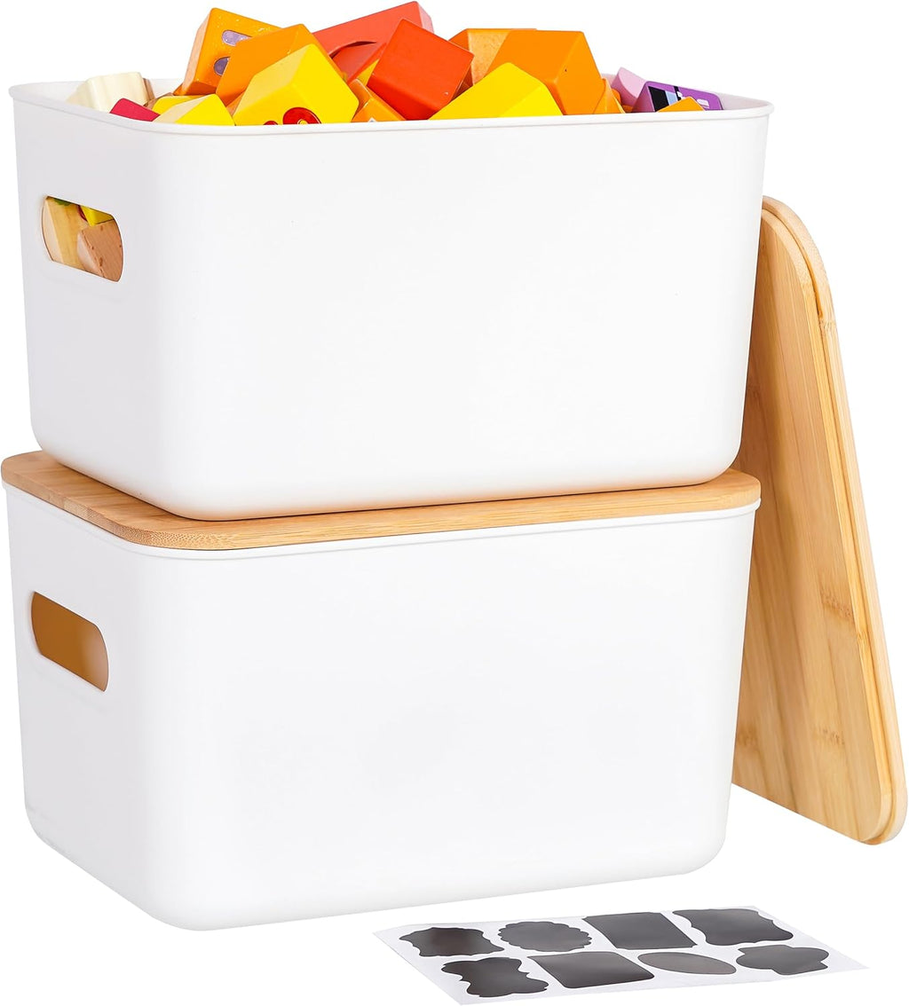 Citylife 2 PCS Storage Bins with Bamboo Lids Plastic Storage Containers for Organizing Stackable Storage Box with Handle, 10.23 x 7.08 x 6.3 inch
