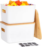 Citylife 2 PCS Storage Bins with Bamboo Lids Plastic Storage Containers for Organizing Stackable Storage Box with Handle, 10.23 x 7.08 x 6.3 inch