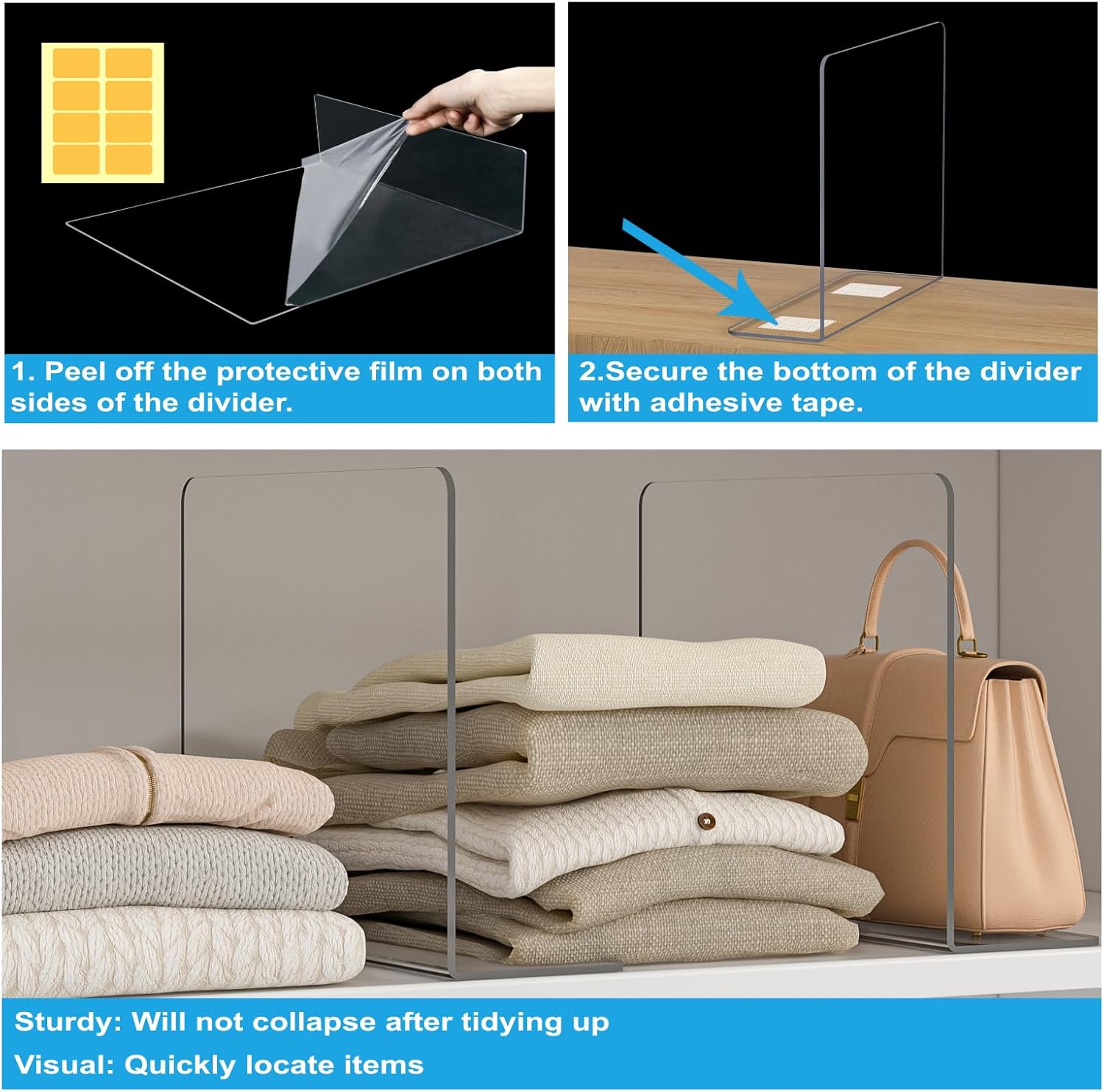 OKPOW Shelf Dividers Closet Organizer - 12" Tall X 11.8" Deep Acrylic Clear Sturdy Separate for Clothes Purse - Adjustable Space Saver Easy Install for Home Organization Enthusiasts 12 Pack