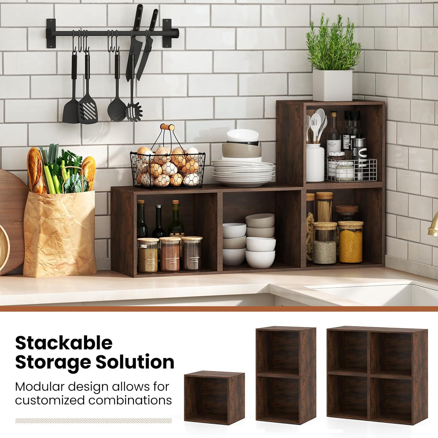 Giantex 4-Cube Bookcase, Stackable Cube Storage Organizer w/Open Bookshelf, Wooden Display Shelving Unit for Small Space, DIY Modular Cubby Storage System for Home, Study, Rustic Brown