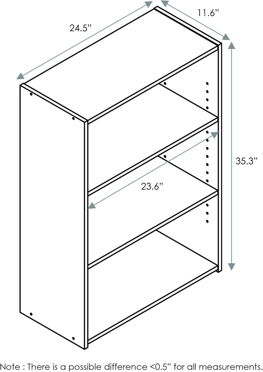 Furinno WRIGHT Book Shelf, 3-Tier Modern Bookshelf, Bookcase with Closed Back, 11.6" x 24.5" x 35.3", for Living Room, Bedroom, Home Office, Soft White