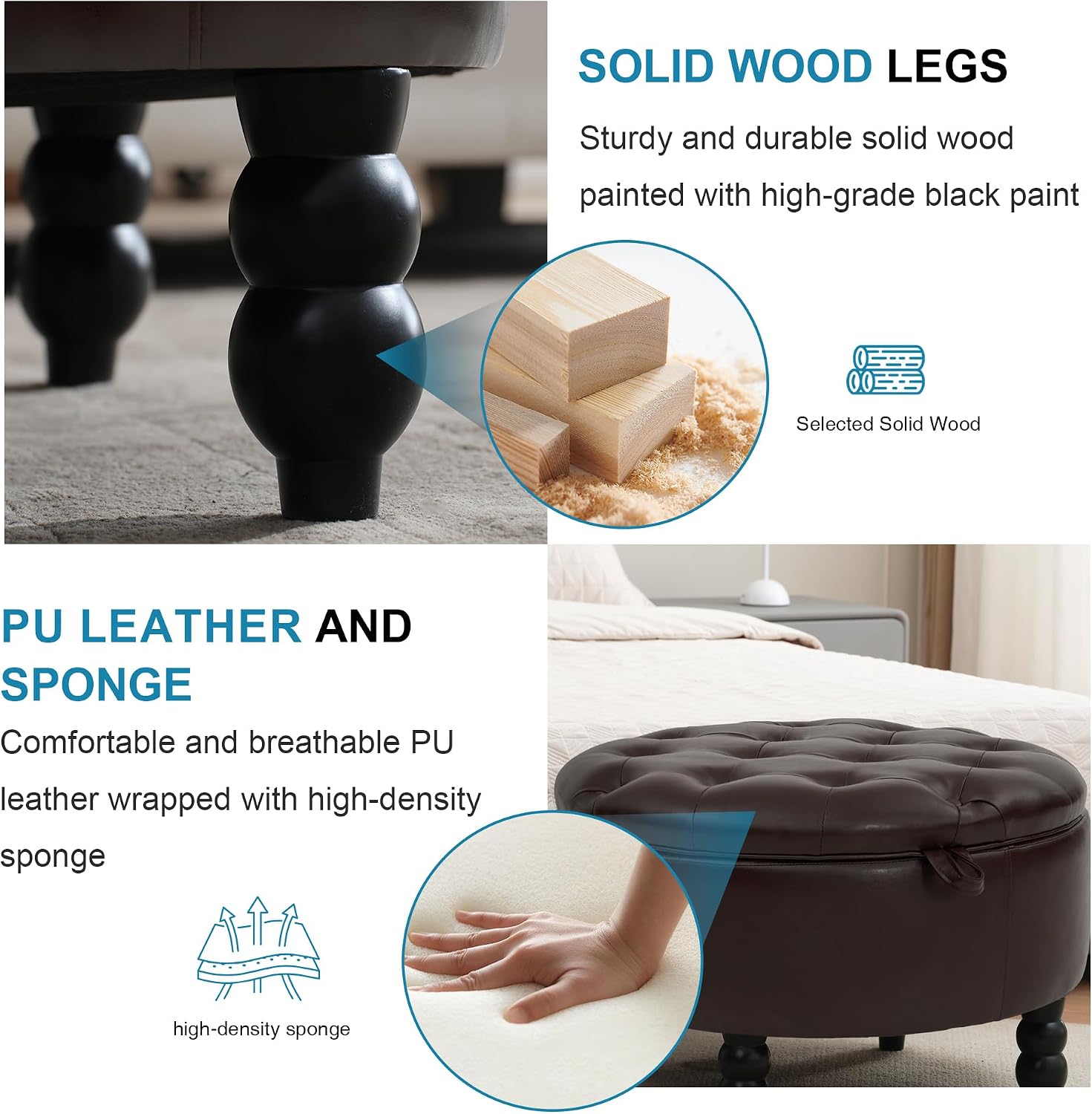 30 Inch Round Ottoman with Storage, Tufted PU Leather Storage Bench for Bedroom, Living Room & Entryway, Modern Upholstered Coffee Table with Wooden Black Legs, Light Brown(PU)