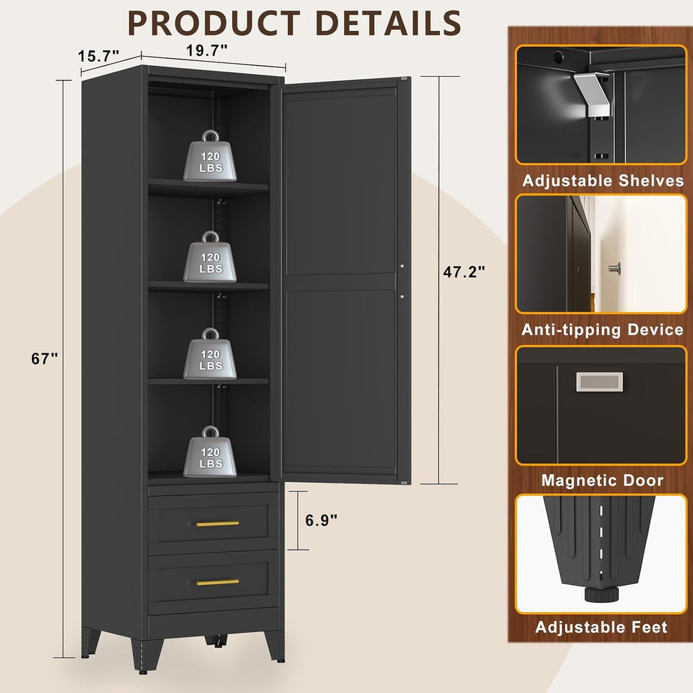 67" Tall Narrow Metal Storage Cabinet, Freestanding Pantry Organizer, Bl...
