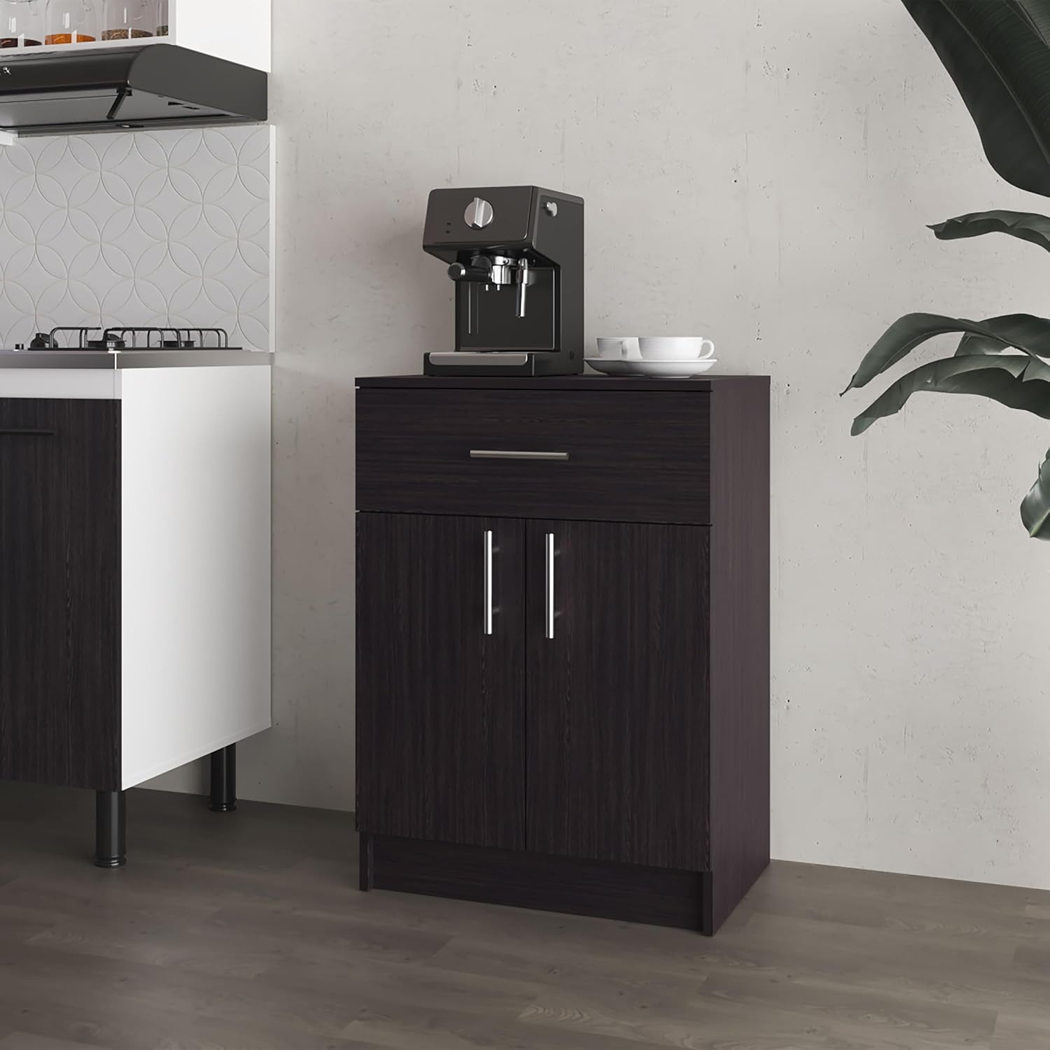23.6" D*15.9" W*33.5" H Freestanding Kitchen Pantry with Dawer & Shelf, Double Door, Rectangular Storage Cabinet, Traditional, for Living Room, Dining Room, Wenge