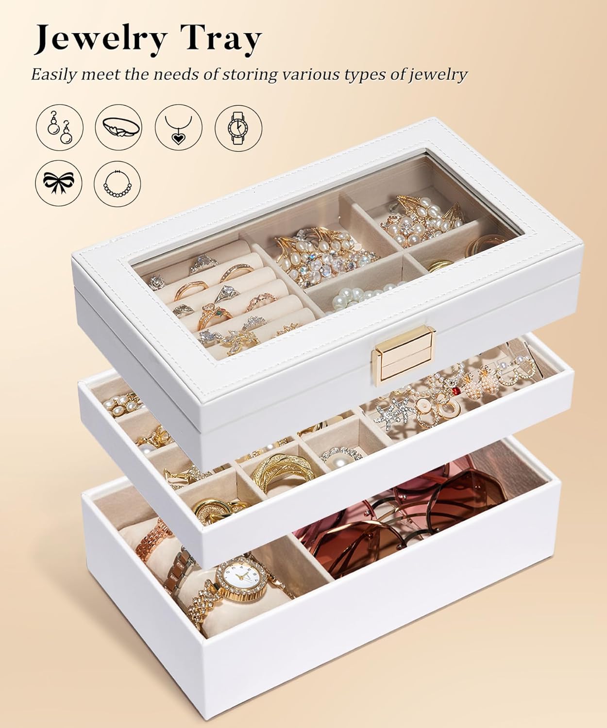 Homde Jewelry Tray Stackable Jewelry Box with Glass Lid, Removable Dividers for Vanity Table - Christmas Gift Idea for Girls and Women (White)