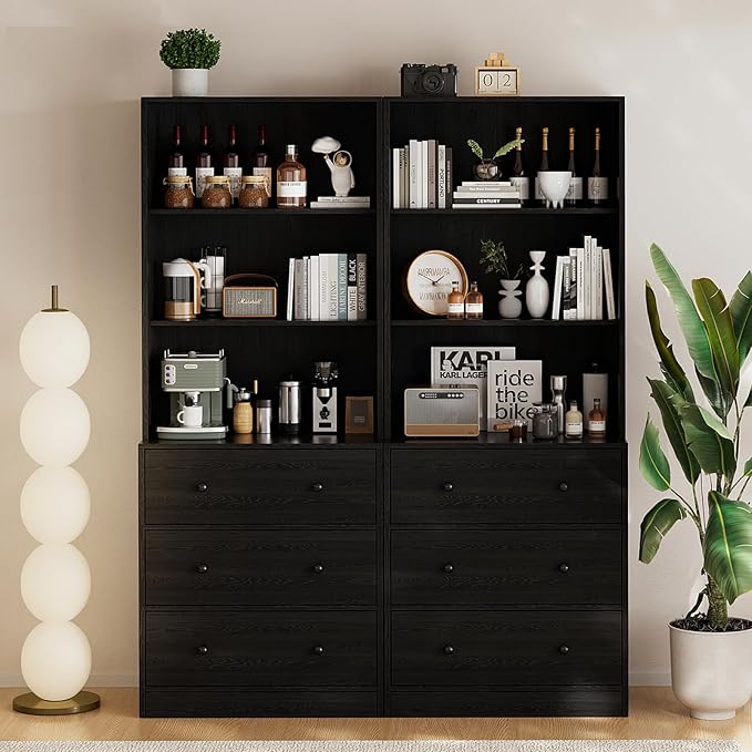 TUSY 71" Large TV Stand Set - TV Entertainment Center for TVs up to 65", Media Center with Tempered Glass Doors and Drawer, TV Hutch with Bookshelves for Living Room (Black, BFFB)
