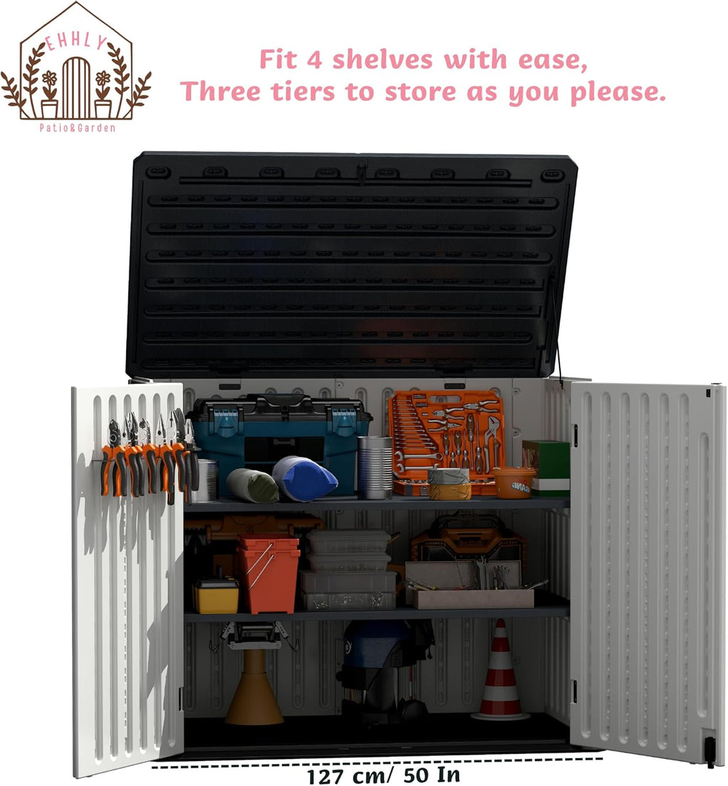 EHHLY 35 Cuft Outdoor Storage Shed Shelf(2 Shelves ONLY, No Cabinet), Outdoor Storage Cabinet Shelves for 4x2.5 Ft Shed, Horizontal Resin Storage Shed Accessories, Dark Grey