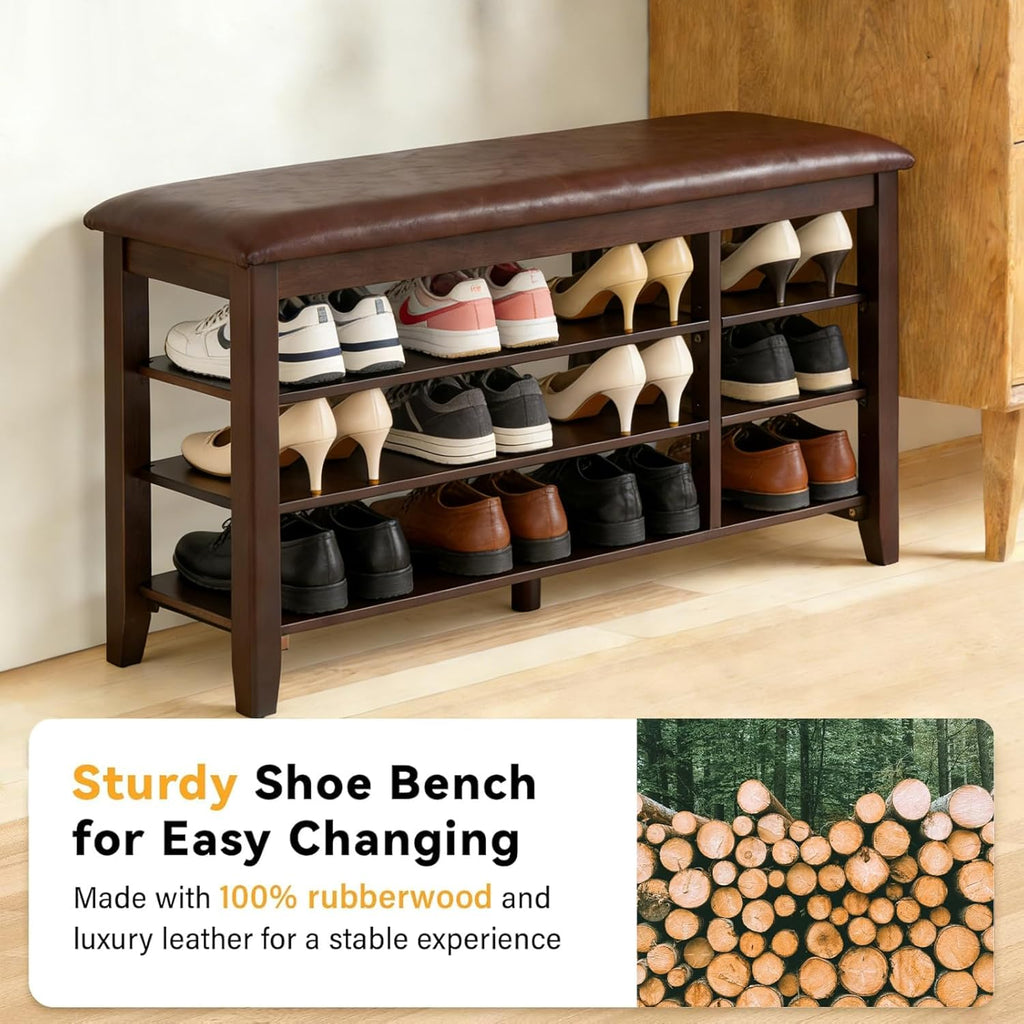 PY HOME & SPORTS Shoe Rack for Entryway 39.4": 3-Tier Shoe Storage Bench, Adjustable/Removable Shelves, Rubberwood Shoe Benches for Hallway, Porch, Bathroom, Brown