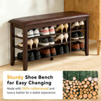PY HOME & SPORTS Shoe Rack for Entryway 39.4": 3-Tier Shoe Storage Bench, Adjustable/Removable Shelves, Rubberwood Shoe Benches for Hallway, Porch, Bathroom, Brown