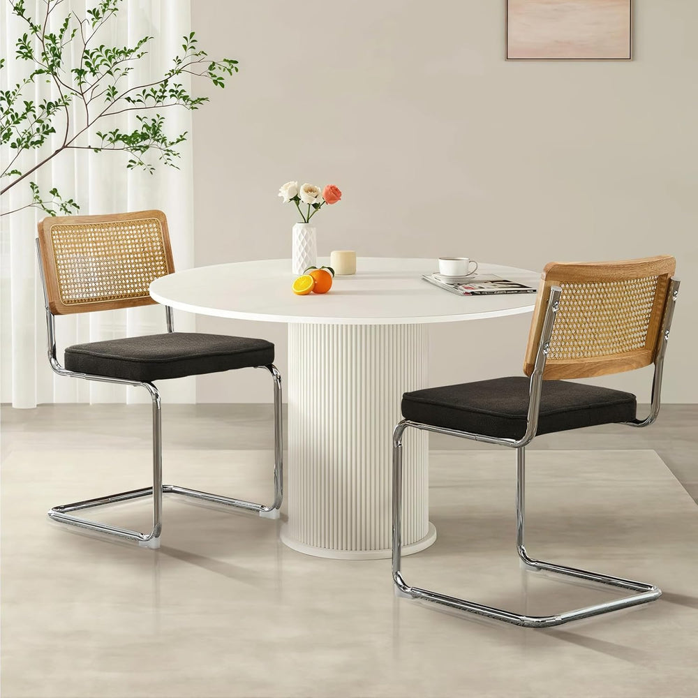 Rattan Back Linen Dining Chair Set of 6 Modern Stainless Chrome Base Armless ...