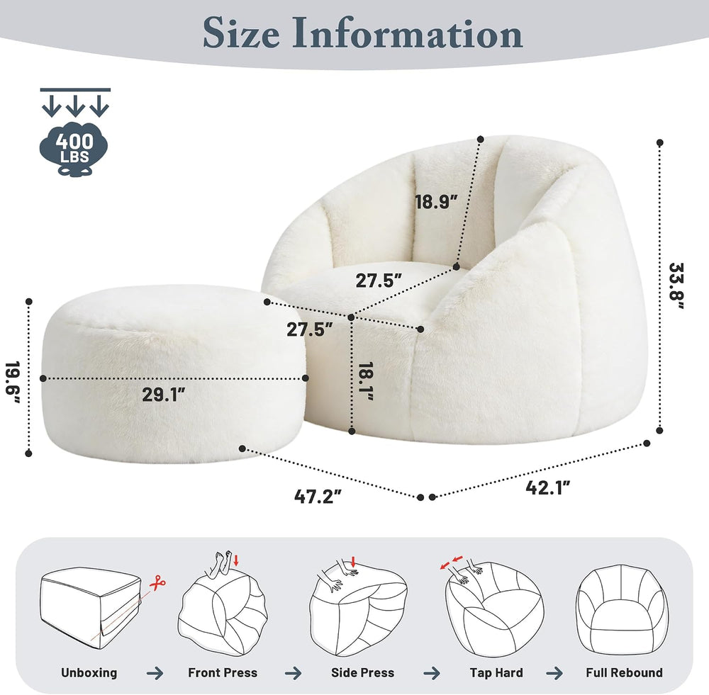 Oversized Bean Bag Chair with Footstool for Adults, Giant Fuzzy Accent Readin...