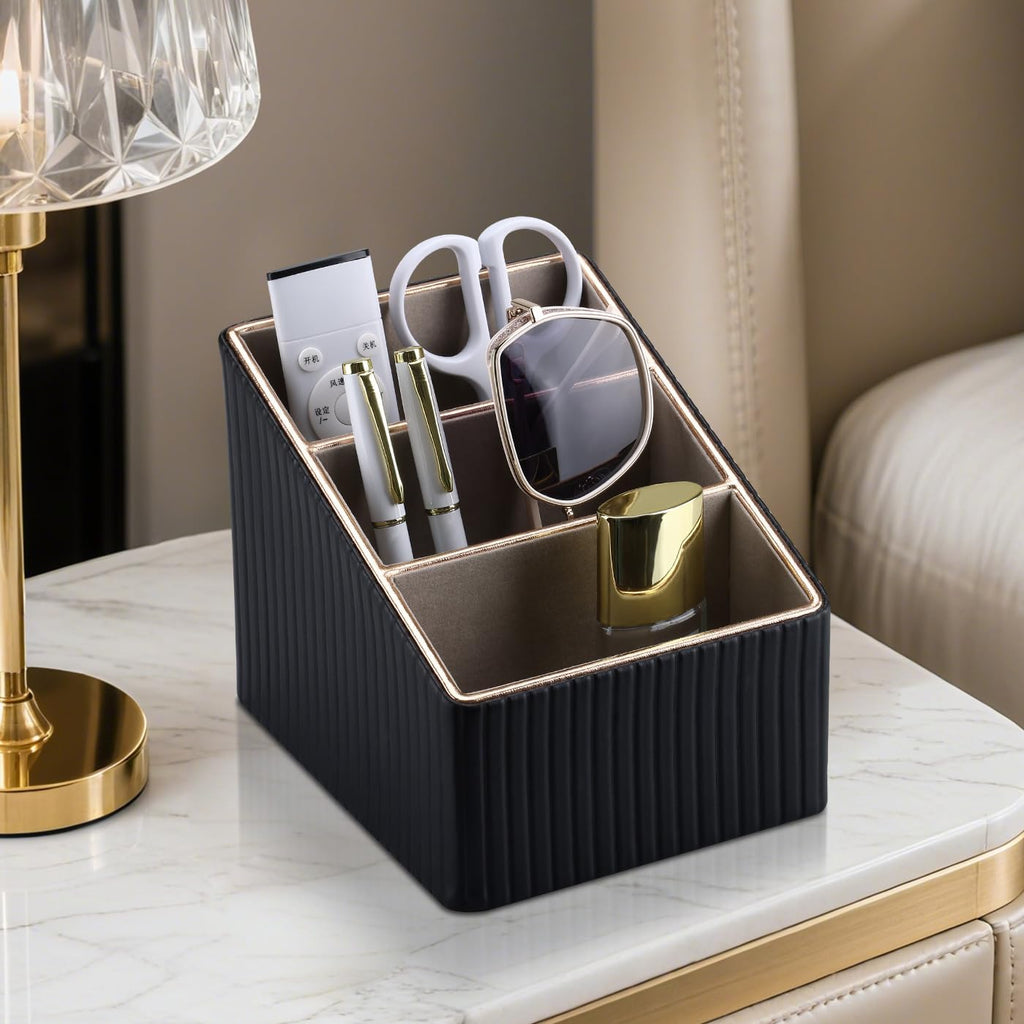 KINGFOM 3 Slot PU Leather Remote Controller Holder, Home Sundries Storage Box, TV Guide/Mail/CD Organizer/Caddy/Holder with Free Cable Desk Organizer (Black Striped)