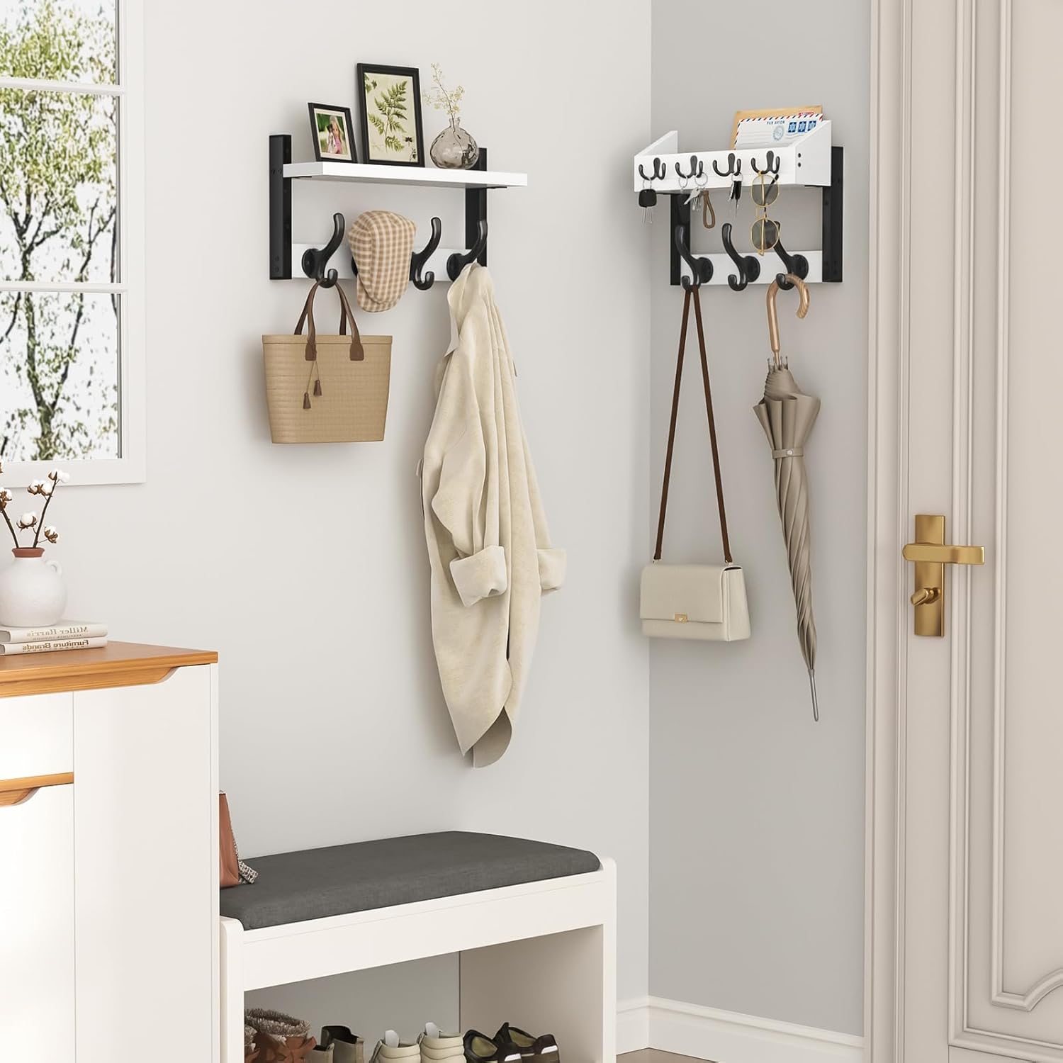 Evermagin 29" Coat Rack Wall Mount with Shelf, 4 in 1 Coat and Key Hanger with 11 Metal Hooks, Entryway Wall Mounted Shelf with Mail Holder for Living Room, Bedroom, White