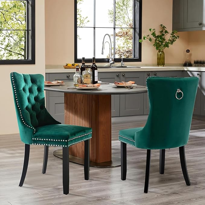 Velvet Upholstered Dining Chairs Set of 2, Modern Style Kitchen Side Chairs w...