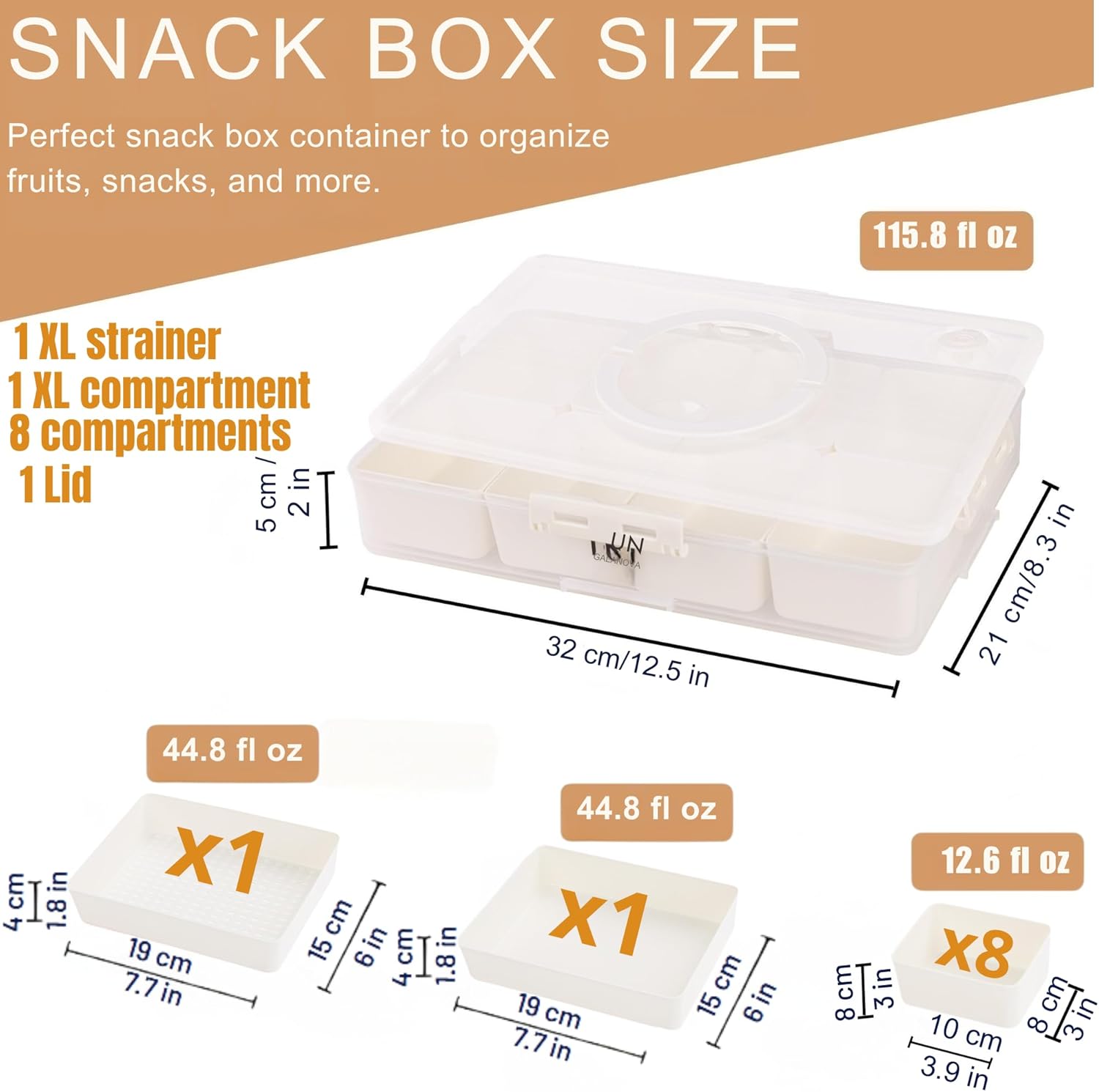 Snackle Box Container - 10 Compartments Including 2 XL, Dishwasher & Microwave Safe, Divided Serving Tray with Lid and Handle, BPA-Free, snack box (1 PCS, White, 1 Box with 2 XL Compartments)