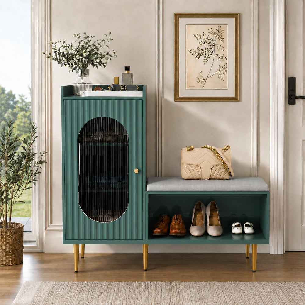 HLR Shoe Storage Bench with Glass Door&Shelf, L-Shaped Shoe Cabinet, Gree...