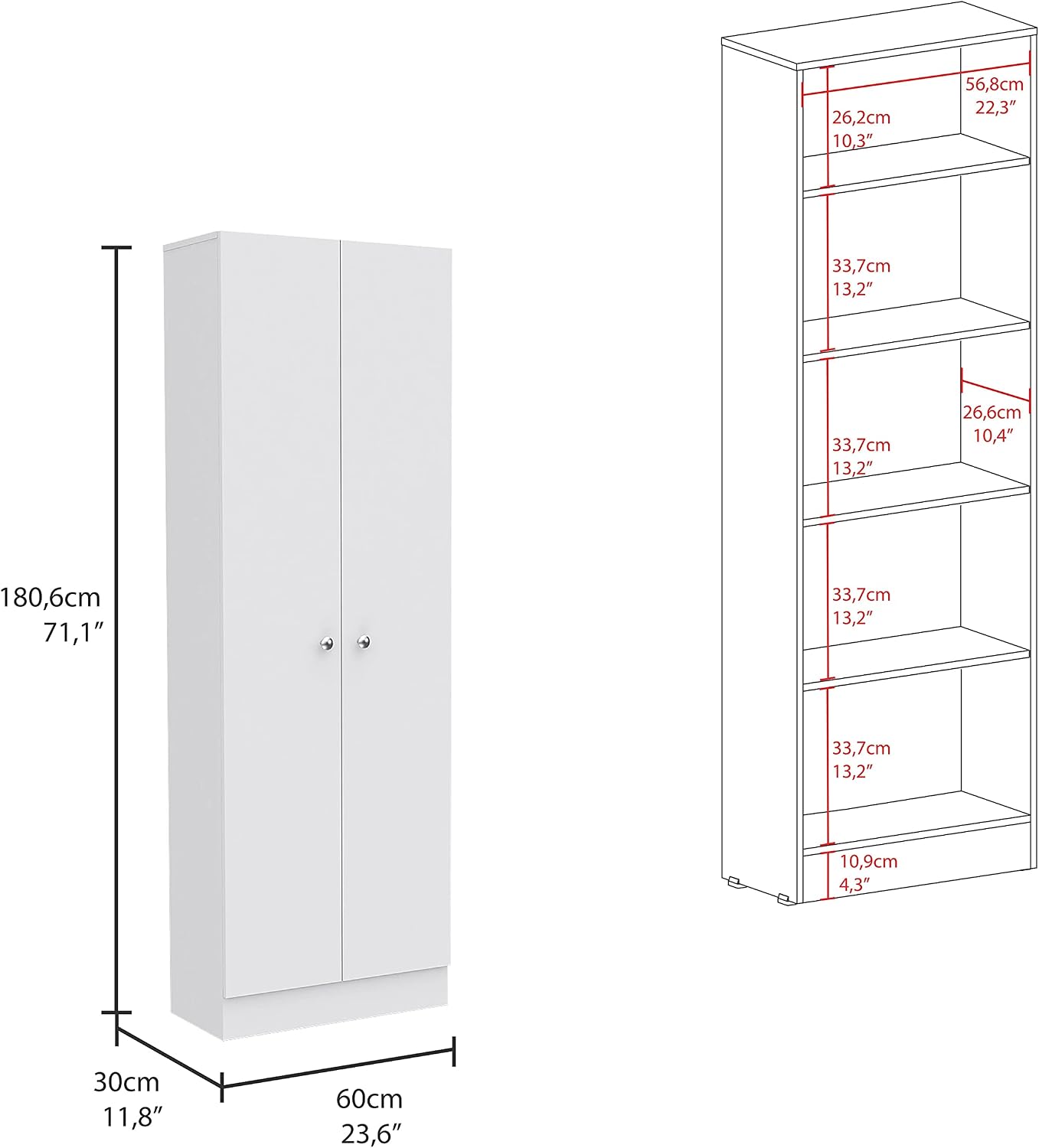 Multistorage Pantry Cabinet,Five Shelves,Double Door Cabinet for Kitchen,Laundry,Living Room,Bedroom-White