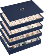 Voova Stackable Jewelry Organizer Tray with Lid, PU Leather Jewelry Storage Holder for Drawer Inserts, Jewellery Display Box Case for Earring Necklace Ring Watch Bracelet (Set of 4, Navy Blue)