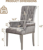 Velvet Dining Chair with Arms, Upholstered Tufted High Back Dining Room Chairs, Accent Armchair with Chrome Leg and Nailhead Trim, Kitchen Dining Living Room, Grey