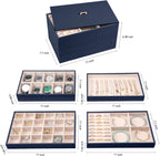Voova Stackable Jewelry Organizer Tray with Lid, PU Leather Jewelry Storage Holder for Drawer Inserts, Jewellery Display Box Case for Earring Necklace Ring Watch Bracelet (Set of 4, Navy Blue)
