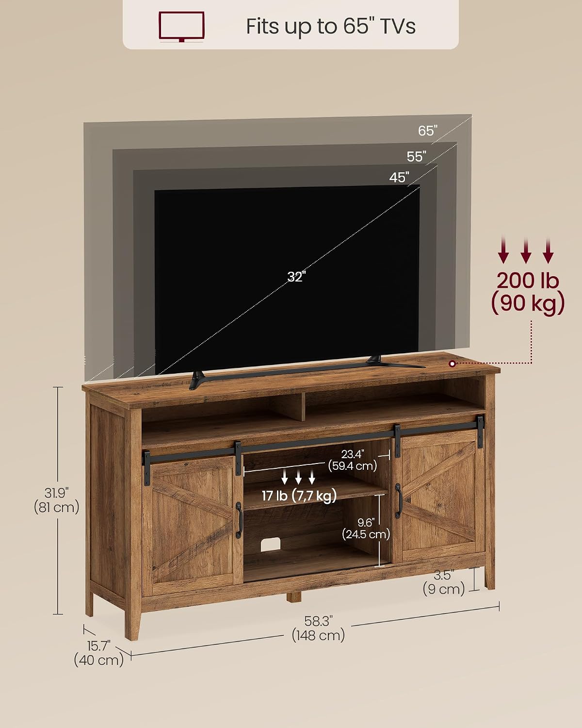 VASAGLE Tall Farmhouse TV Stand, Entertainment Center with Barn Doors, Storage Media Console Cabinet for Living Room, Bedroom, 58.3 x 15.7 x 31.9 Inch, Honey Brown, LIRY Collection ULTV031K101S