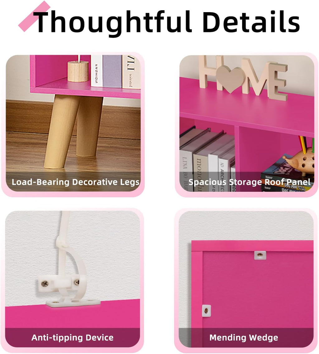 LEYAOYAO 10 Cube Bookshelf,3 Tier Modern Wide Bookcase with Legs,Mid-Century Wood Bookshelves Storage，Pink Large Book Case,Freestanding Organizer Display Shelf for Bedroom,Living Room,Office