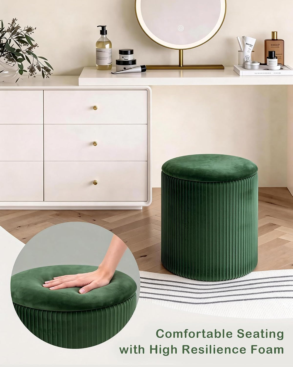 LITZFUR Round Ottoman with Storage, Velvet Foot Rest Stool, Green | Versatile...