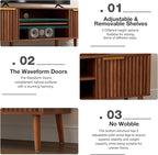 TV Stand for Living Room, Mid Century Modern Entertainment Center for 55/60 inch TVs, TV Console with Fluted Door Cabinets and Open Shelves, for Bedroom, Walnut
