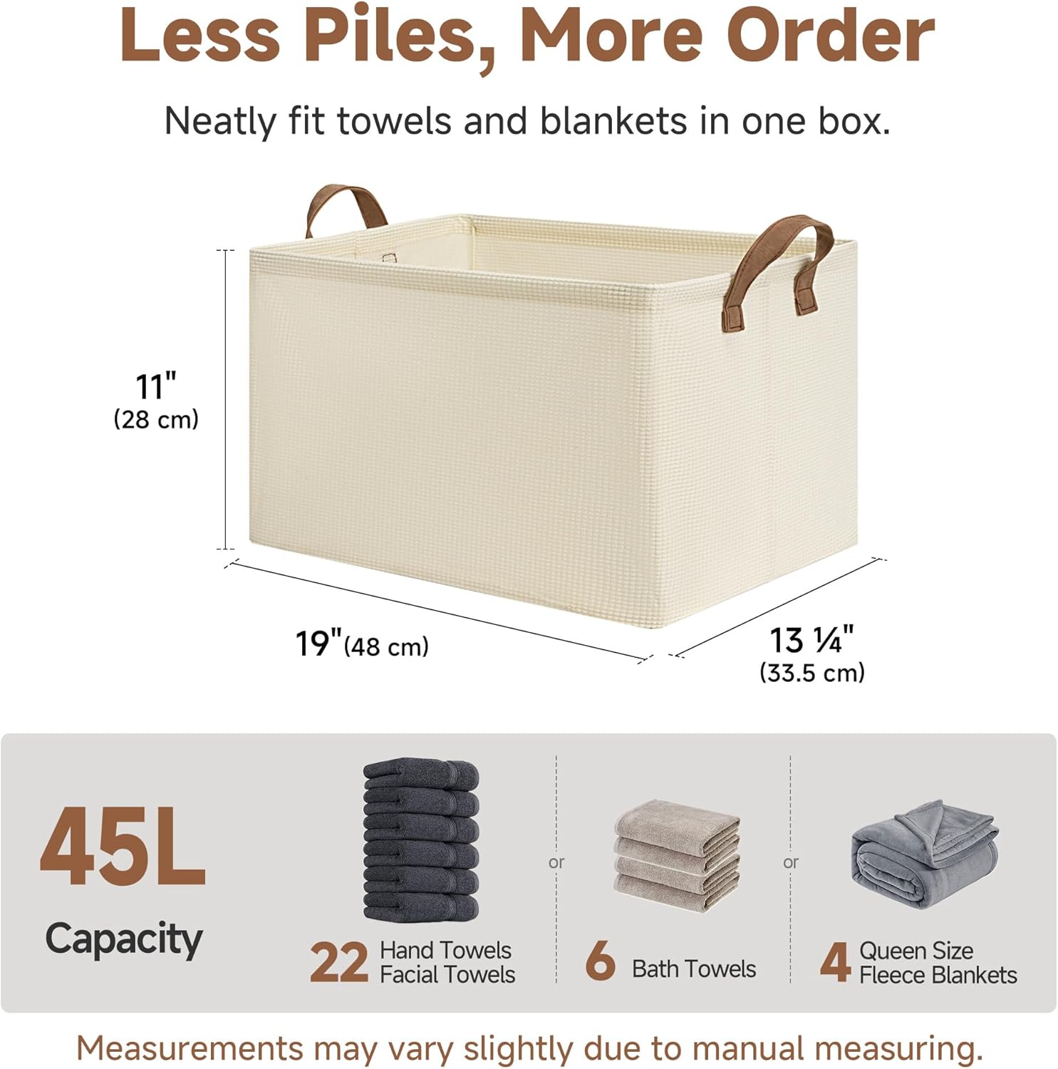 StorageWorks Storage Bins, Shelves Baskets for Organizing, 45L Extra Large Fabric Closet Organizers with Handles, Metal Frame, Beige（Texture）, 2-Pack