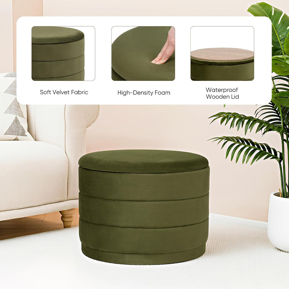 23" Round Velvet Storage Ottoman with Reversible Lid, Soft Padded Footre...
