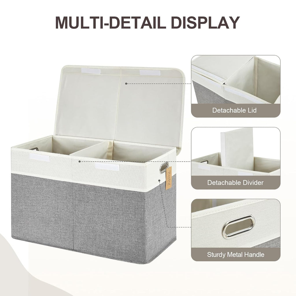 Large Toy Box with Flip-Top Lid, Collapsible Storage Organizer Bins with Dividers and Handles, Kids Bin Chest Baskets for Toys, Playroom Organizers, Nursery 25"x13" x16" (Gray & White)