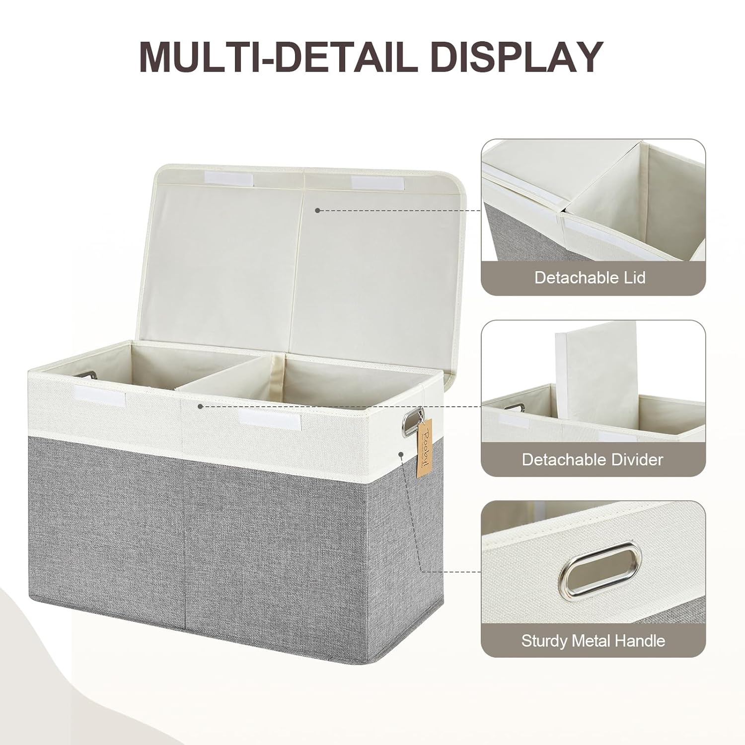 Large Toy Box with Flip-Top Lid, Collapsible Storage Organizer Bins with Dividers and Handles, Kids Bin Chest Baskets for Toys, Playroom Organizers, Nursery 25"x13" x16" (Gray & White)