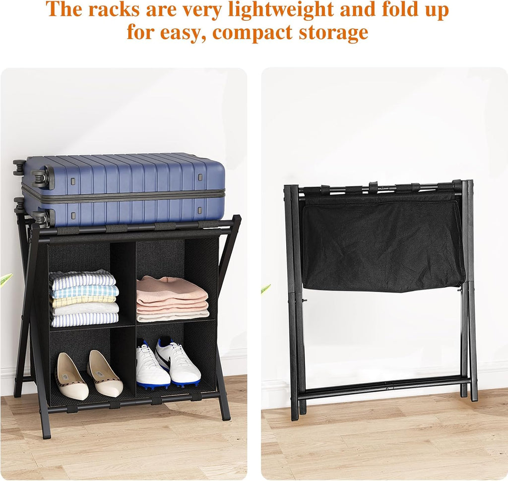 aboxoo Luggage Rack with storage, Guest Room Folding Suitcase Stands, Holds up to 120 lb, Space Saving Suitcase Holders for guest room, Bedroom Hotel, Black