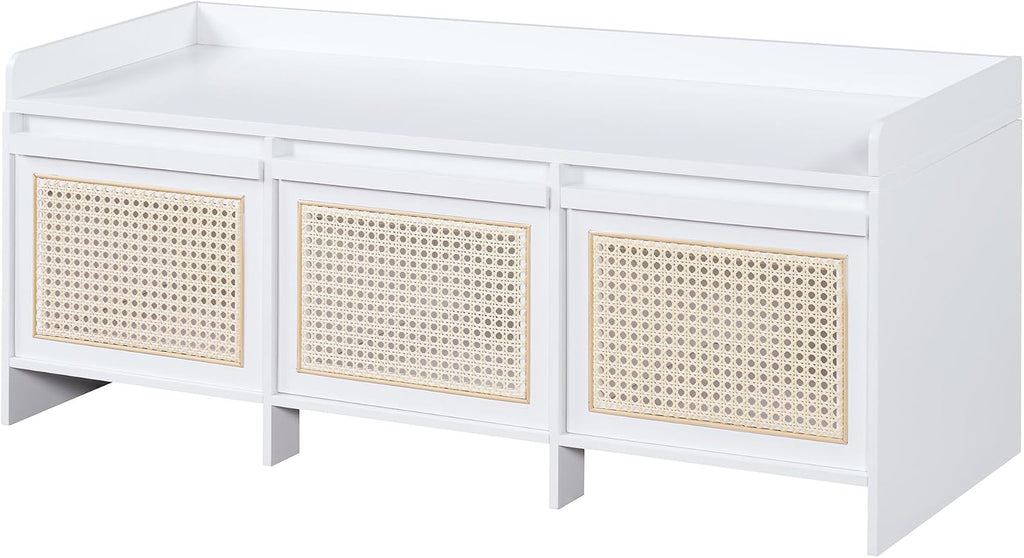 SOFTSEA 48" Shoe Storage Bench with Cushion, 2-Tier Entryway Bench with 3 Rattan Storage Drawers & Lift Top Storage, Retro Shoe Cabinet for Hallway, Bedroom, Living Room, White