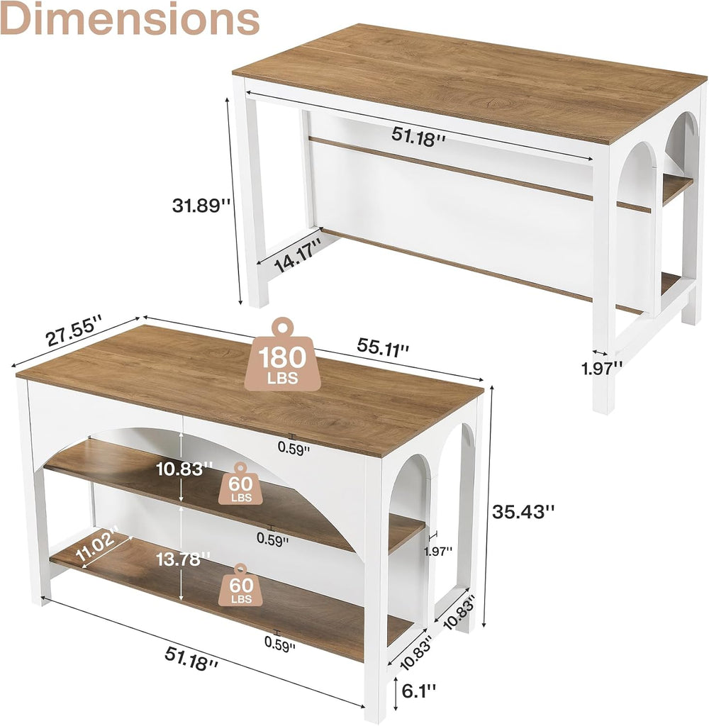 Tribesigns 55" Kitchen Island with 2-Tier Shelves and Seating | Wood Sta...