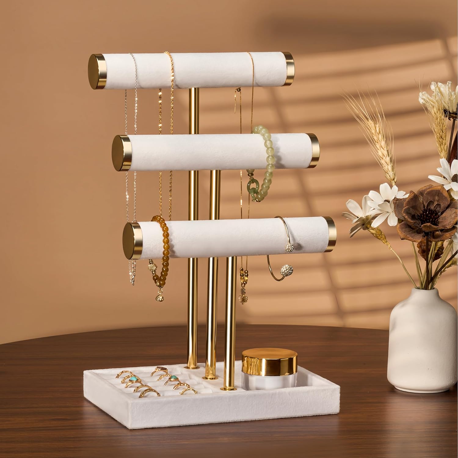 3 Tier Bracelet Holder Display - Detachable T Bar White Velvet Bracelet Holder, Jewelry Holder Organizer for Bracelet, Necklace, Watches, Rings