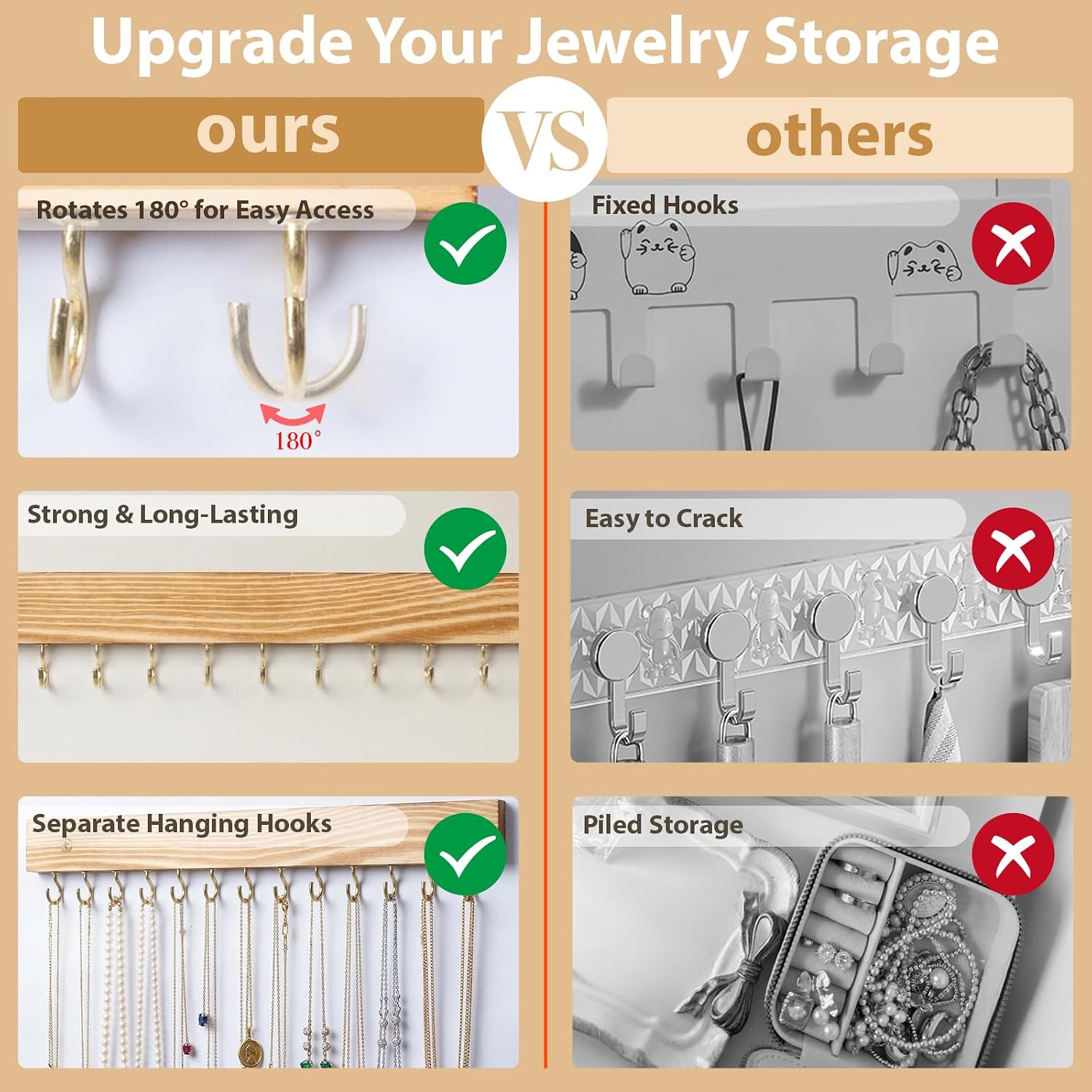 3 Pack Necklace Holder Wall Mounted Hanging Jewelry Organizer, Wooden Jewelry Hanger with 39 Hooks for Necklace Earring Bracelet & Accessories Display, Jewelry Storage Holder for Bedroom Closet Decor