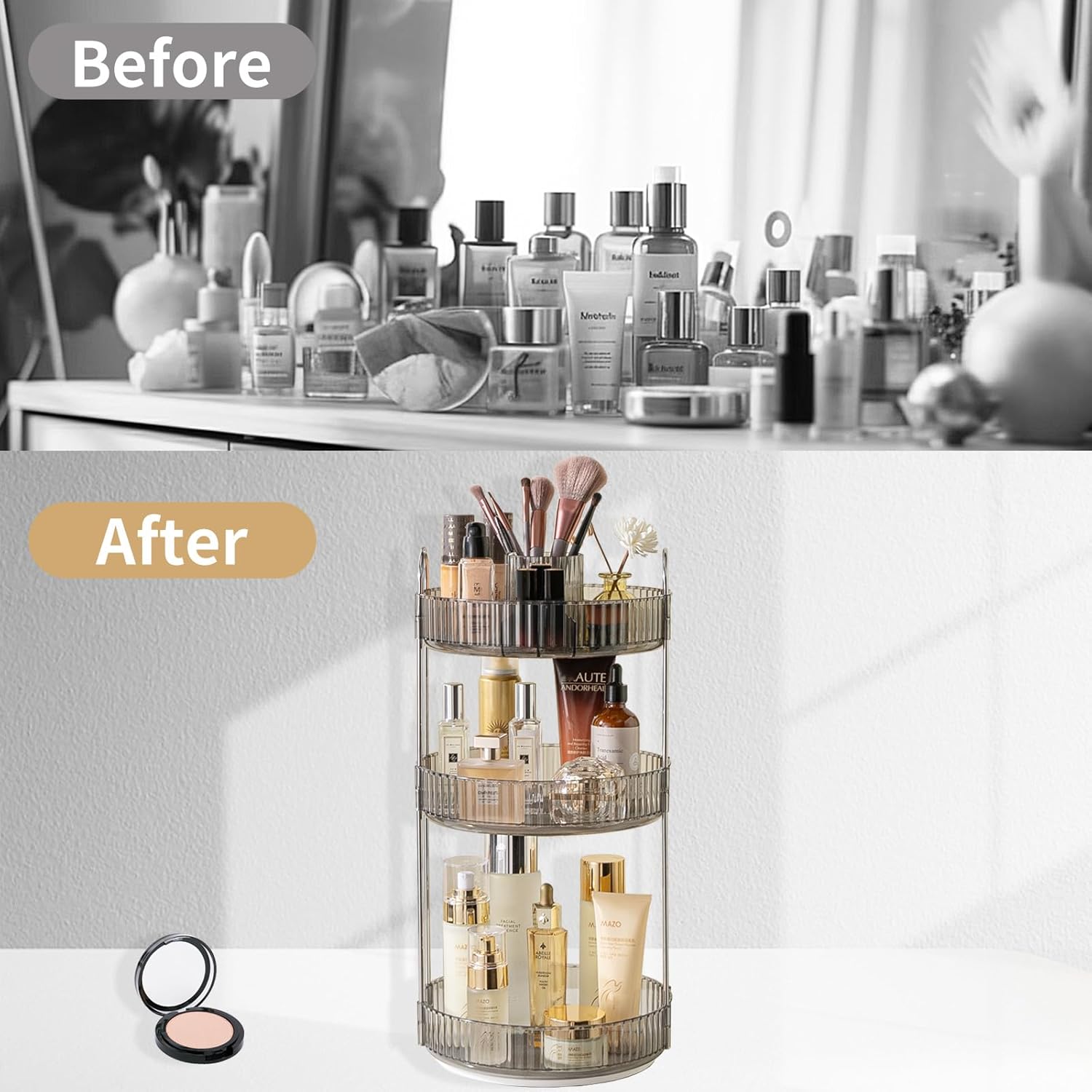 360 Rotating Makeup Organizer,3 Tier Large Capacity Make Up Organizers and Storage,Skincare Perfume Vanity Organizers,Bathroom Cosmetics Storage Organizer Countertop(Grey)
