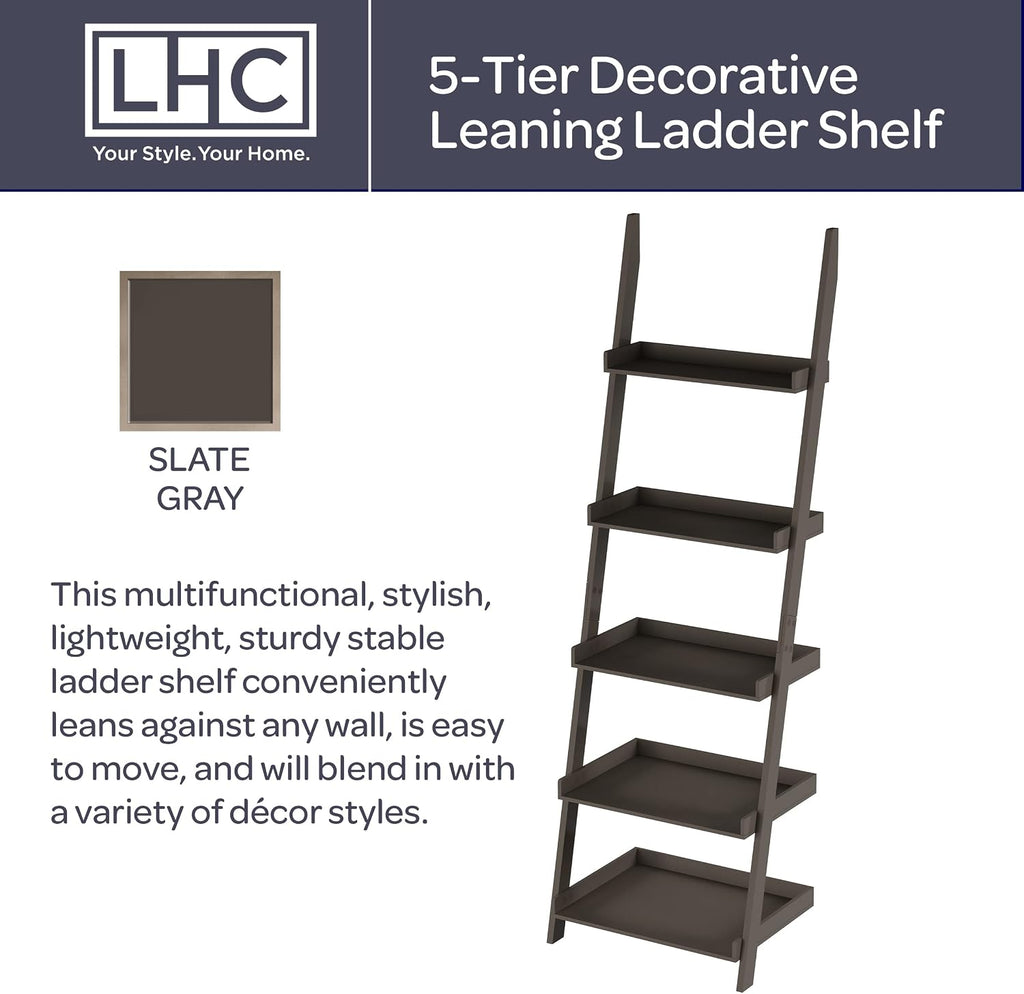 5-Tier Ladder Bookshelf - Freestanding Wooden Bookcase Frame with Leaning Look Shelves for Home and Office Storage by Lavish Home (Gray)