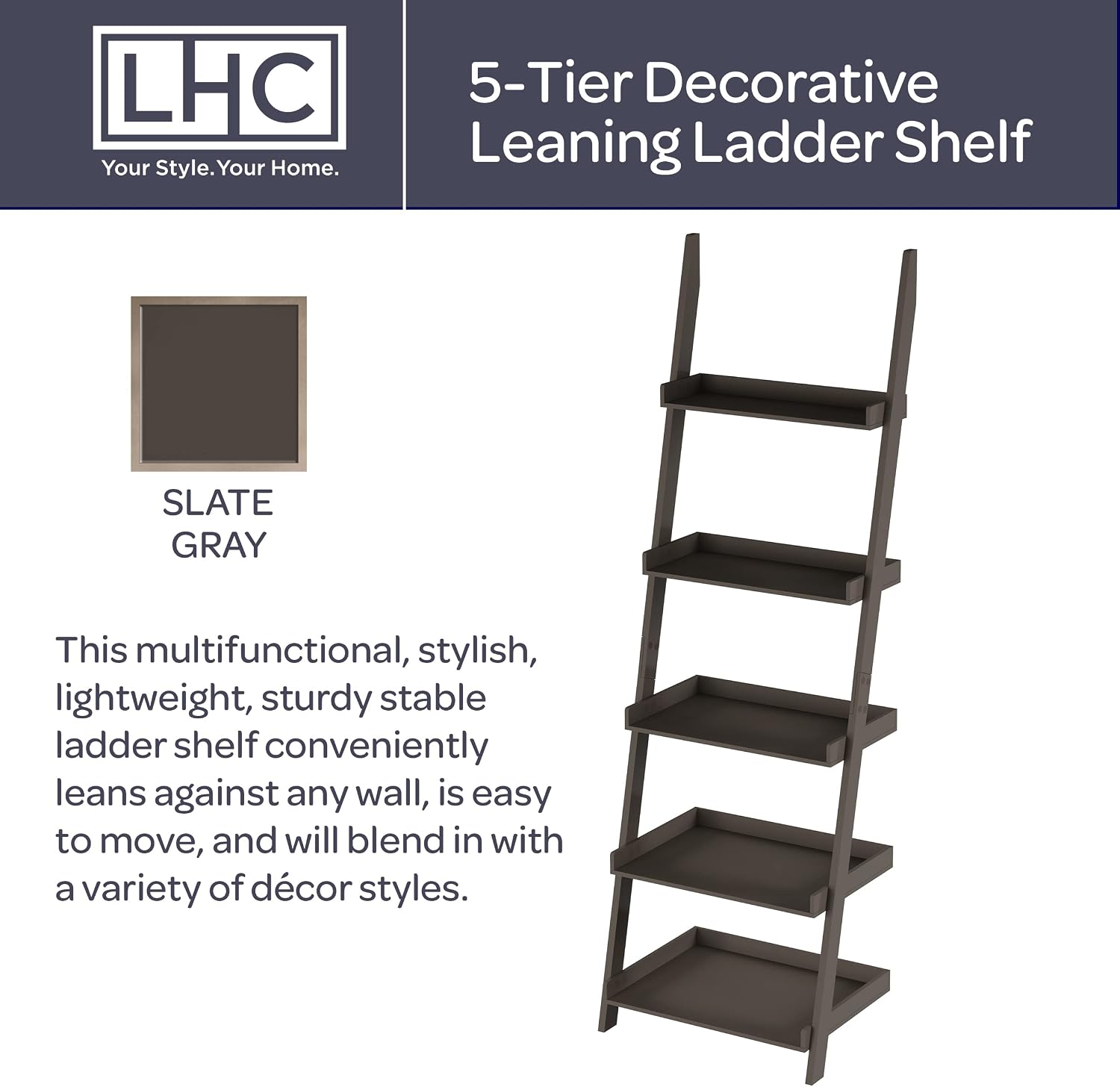 5-Tier Ladder Bookshelf - Freestanding Wooden Bookcase Frame with Leaning Look Shelves for Home and Office Storage by Lavish Home (Gray)