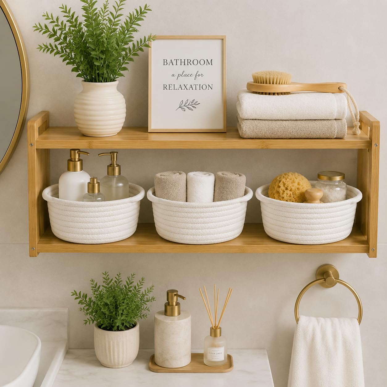 Small Woven Cotton Rope Baskets with Handles, Set of 3, White | Small Gift Baskets, Decorative Storage Baskets, Round Boho Design, Nursery and Bathroom Organizer, Multi-Room Storage