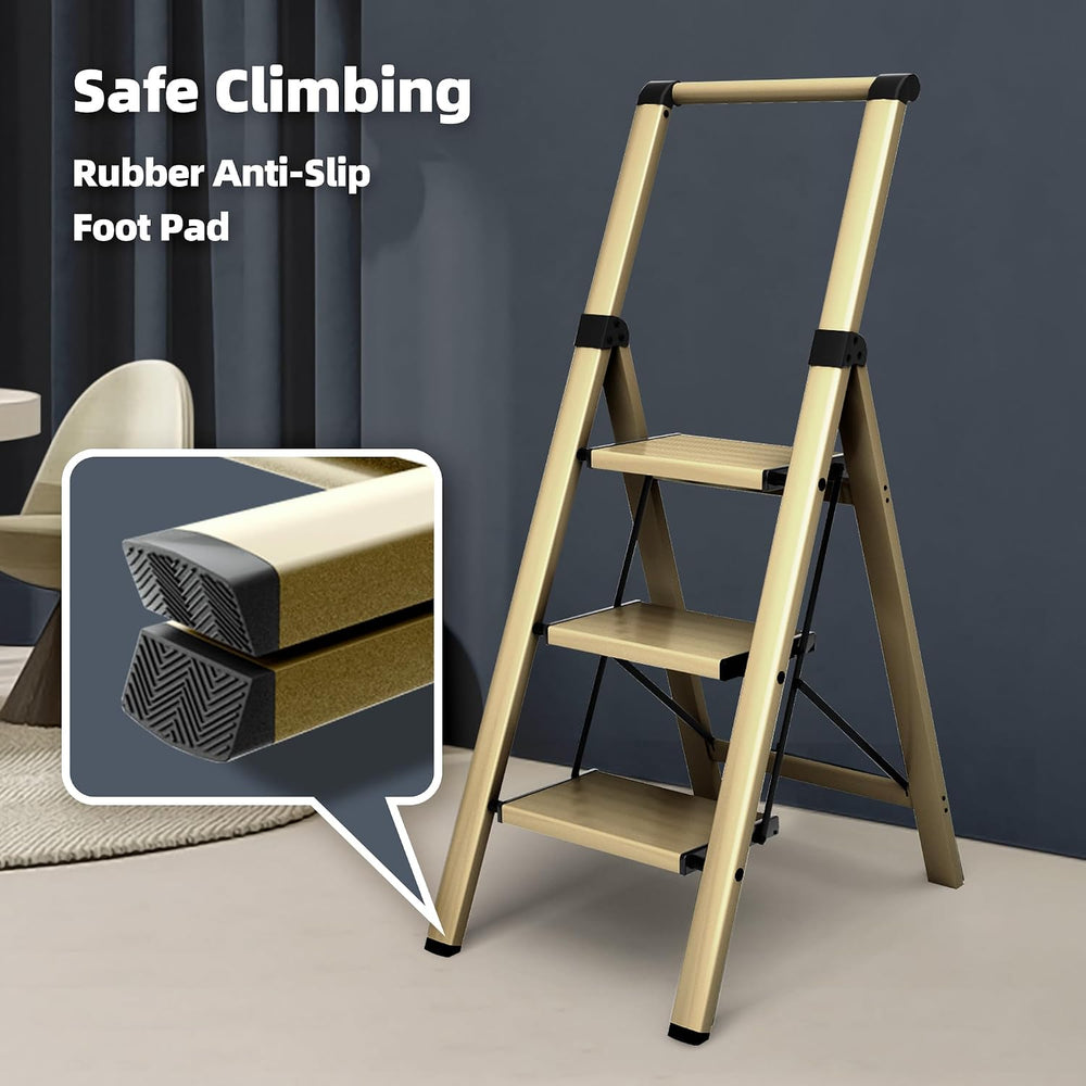 HillhutApex Aluminum 3 Step Ladder, Step Stool Foldable Ladder(Gold)