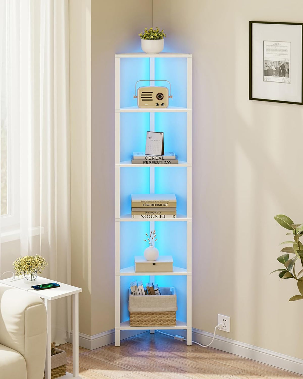 TUTOTAK 6-Tier Corner Bookshelf with LED Light, Corner Shelf